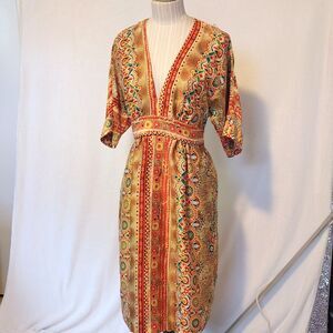 Vtg Single Dress Women's Med Silk Floral Print Dress Earth Tones Low Cut